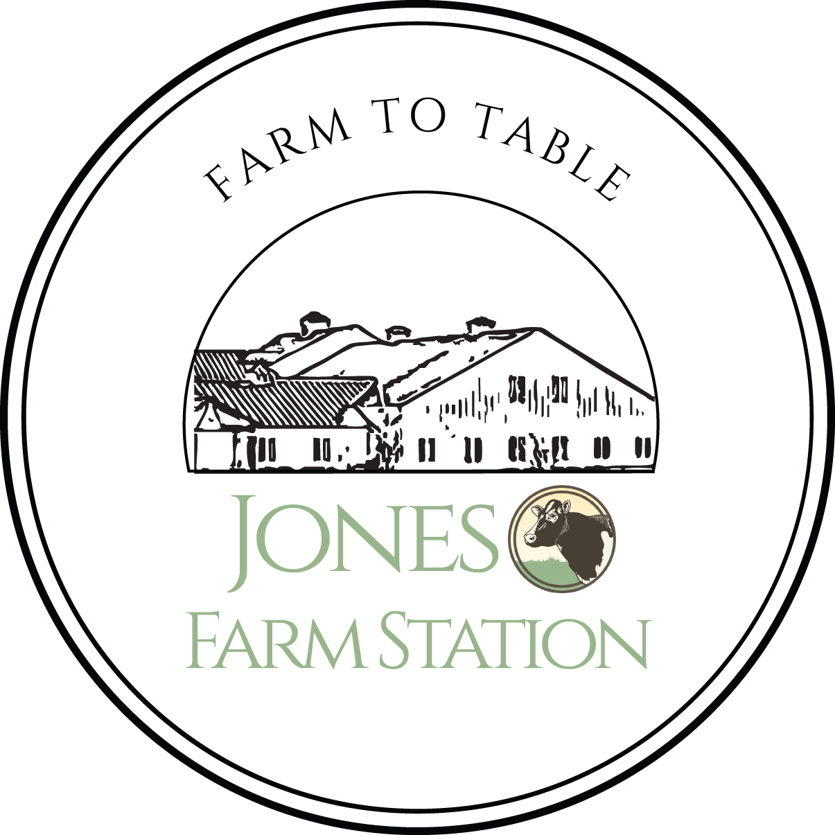 Logo of Jones Farm Station featuring the phrase "Farm to Table" and an illustration of farm buildings, emphasizing local agricultural practices and fresh produce.